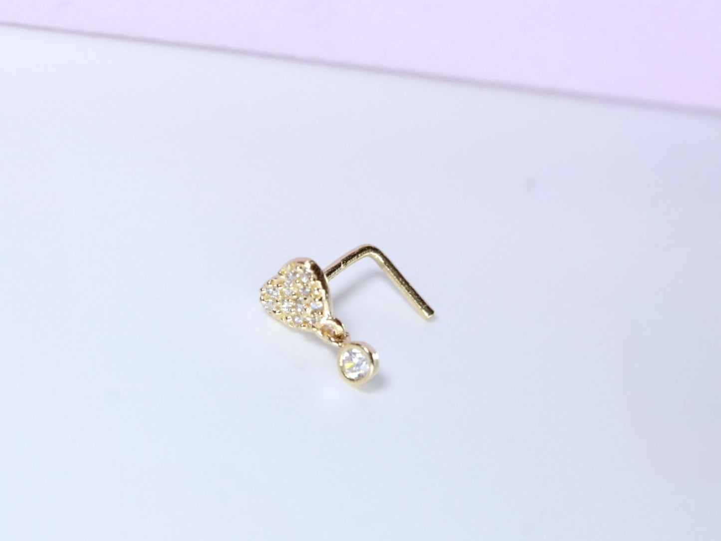 14K Gold Heart Nose Stud, 20g Dainty Dangling Heart L Shape Corkscrew Nose Stud, Gold Nose Jewelry, L Bend Screw Nose Piercing Ring Jewelry
