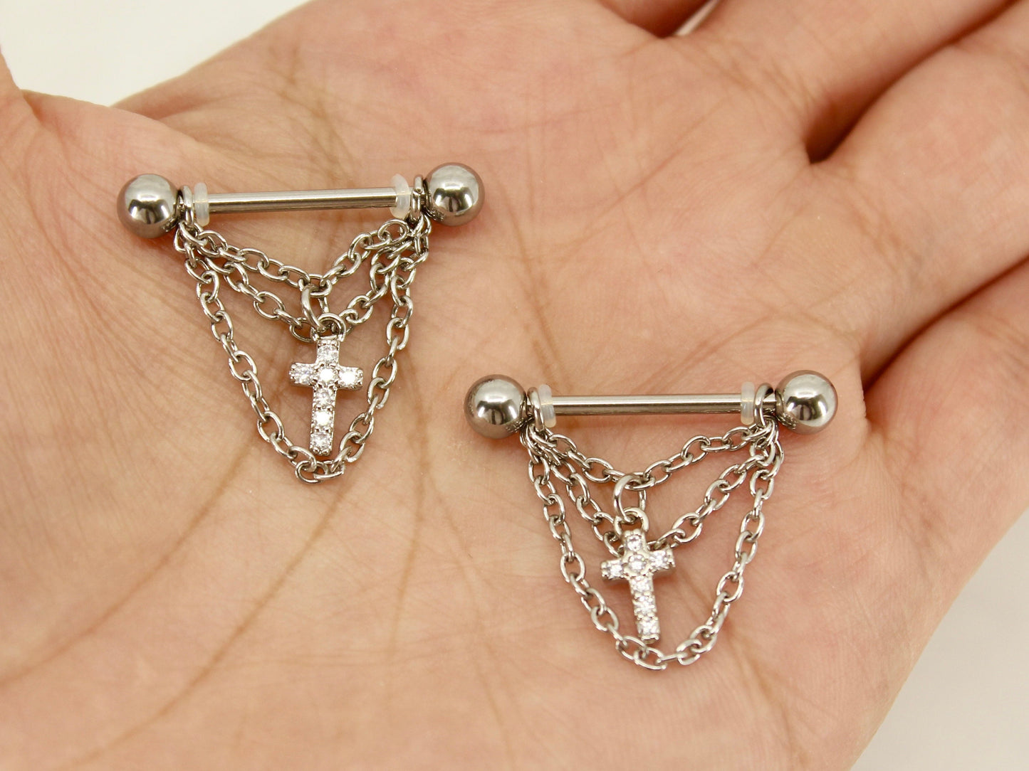 NEW • Silver Dangle Chain Nipple Ring, Cz Cross Dangle Chain Decor Nipple Piercing Barbell, 14g Nipple Ring Body Jewelry, Set of 2 Barbell