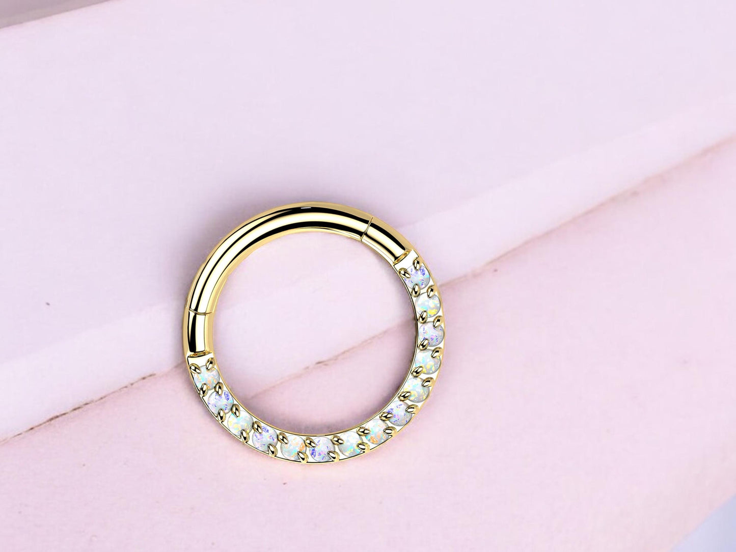 Titanium Septum Clicker Ring, 16g Dainty Gold Septum Hoop Ring, Opal Gem Hinged Segment Septum Piercing Jewelry, Nose Piercing Jewelry