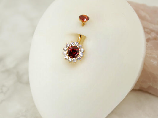 Ruby Titanium Belly Button Ring,Crystal Sparkle Gem Floral Belly Button Ring Piercing Jewelry, 14g Gold Navel Piercing Ring,Gift for her.