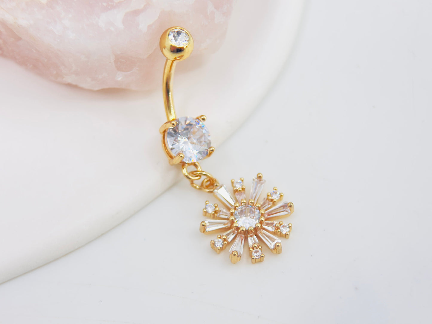 14G Gold Flower Dangling Belly Ring, Baguette Gem Floral Decor Charm Belly Button Ring Piercing Jewelry, Hypoallergenic Navel Piercing,