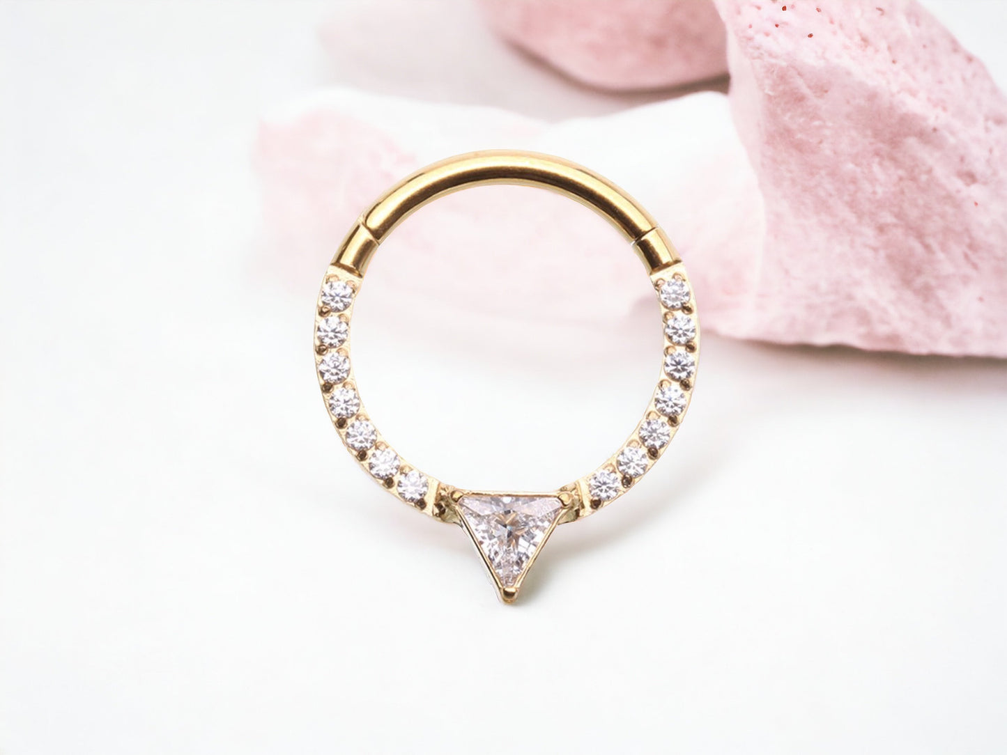 16g Gold CZ Sparkling Multi-Gem Septum Ring. V cut shaped clicker hoop ring. Clear Gem Seamless Septum Ring.