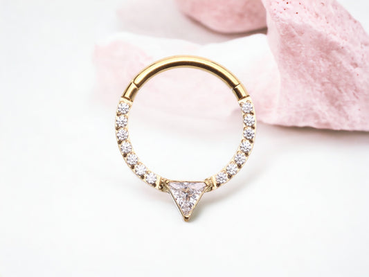 16g Gold CZ Sparkling Multi-Gem Septum Ring. V cut shaped clicker hoop ring. Clear Gem Seamless Septum Ring.