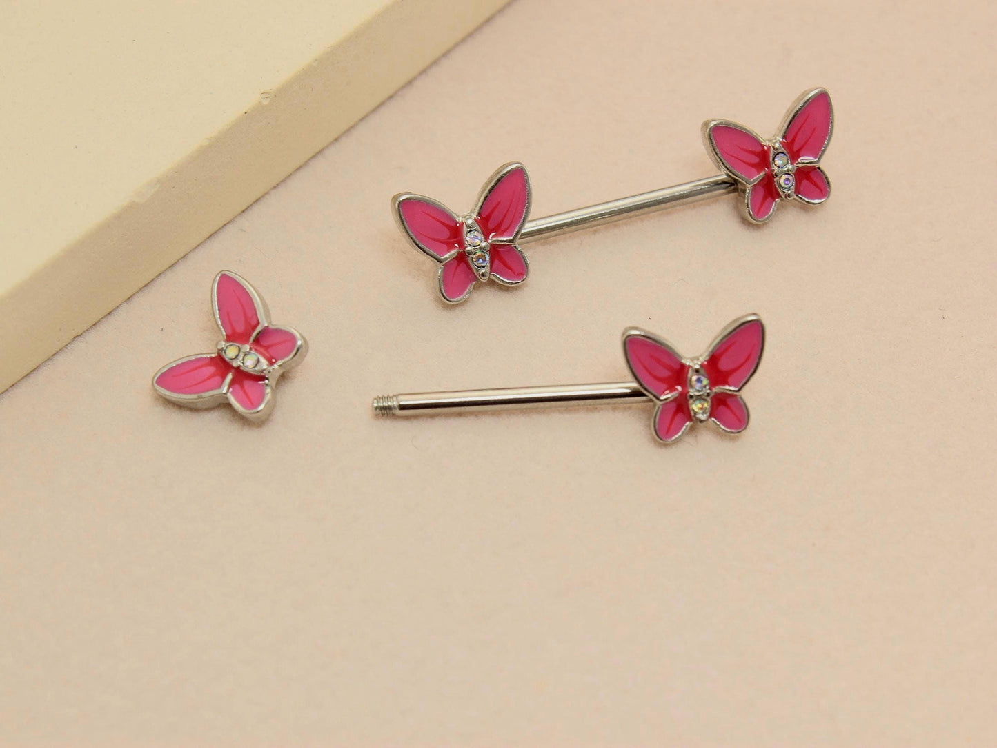 Butterfly Nipple Barbell Piercing, 14G Pink Butterfly CZ Stud Nipple Ring Jewelry, Pair of Butterfly End Screw Enamel Nipple Body Jewelry