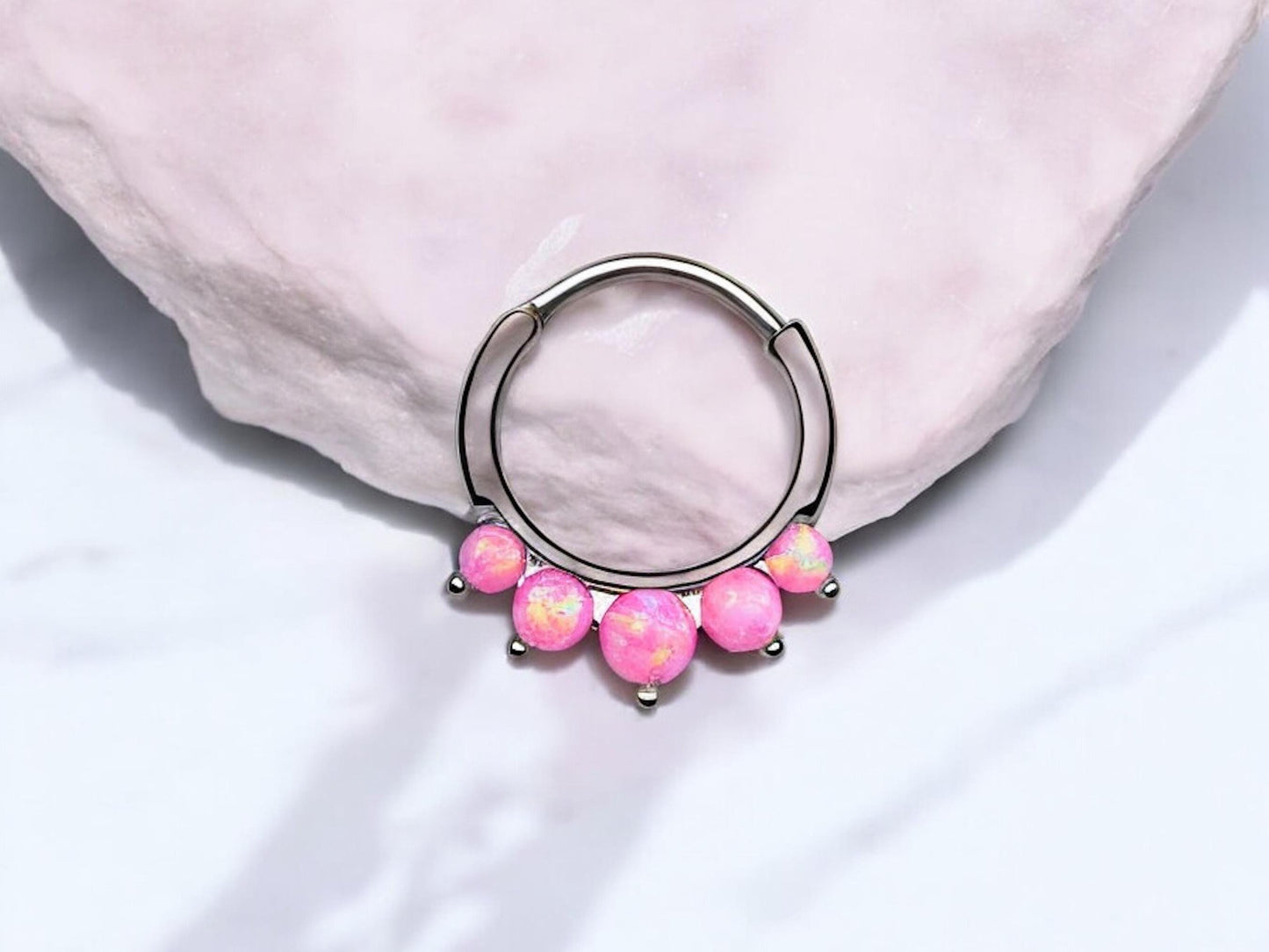 16g Pink Opal Front Dainty Septum Hoop Ring, Silver Nose Piercing Ring, Hinged Septum Clicker Nose Jewelry, Nose Piercing Jewelry