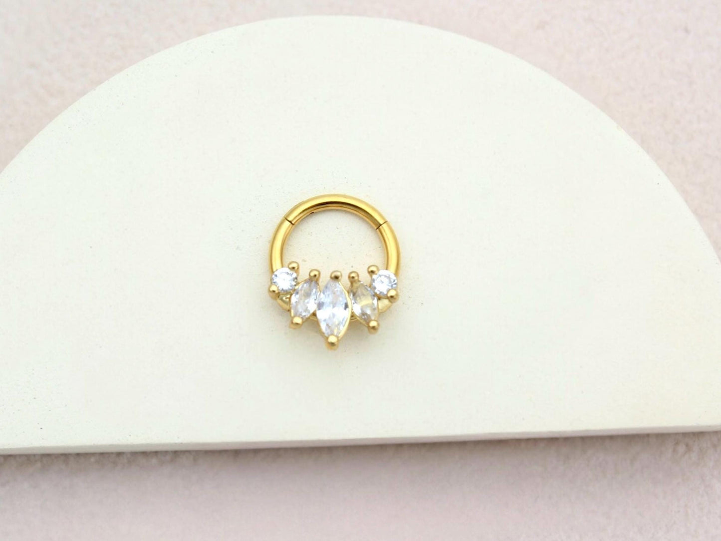 16G Gold Septum Clicker Ring, Dainty Gold Marquise Septum Hinged Hoop Ring, Gold Nose Piercing, Septum Piercing Jewelry