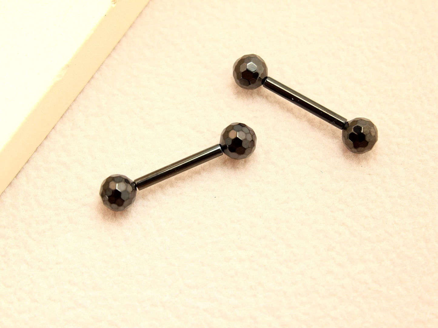 Black Titanium Threadless Nipple Barbell – 14G Disco Ball End Push-In Nipple Ring Set, Pair of Nipple Piercing Jewelry.