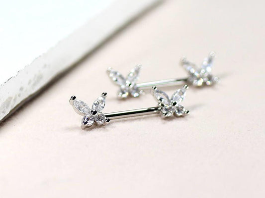 Silver Butterfly Nipple Ring, Dainty Marquise Gem Butterfly Nipple Piercing Barbell, 14g Nipple Ring, Surgical Steel Body Jewelry.