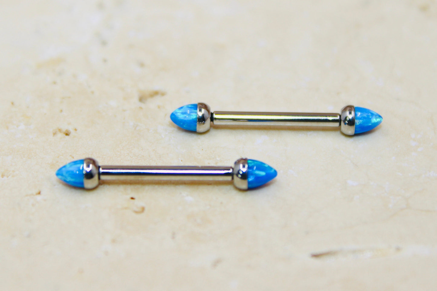 Internally Threaded Opal Nipple Barbell, Blue Opal Smooth Comfortable Fit Nipple Piercing Ring Jewelry, 14g Nipple Barbell Body Jewelry