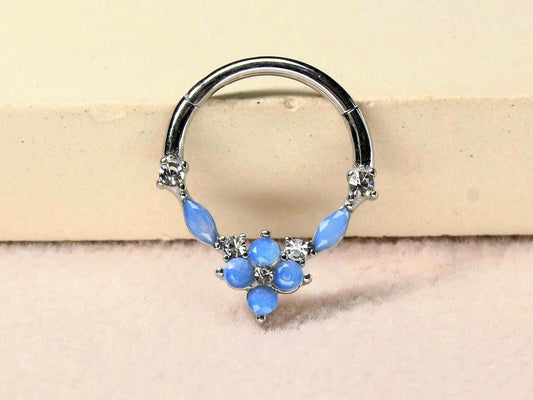 Blue Opal Septum Clicker Ring, 16G Dainty Floral Nose Septum Hinged Hoop Ring, Nose Piercing Septum Ring, Body Piercing Jewelry