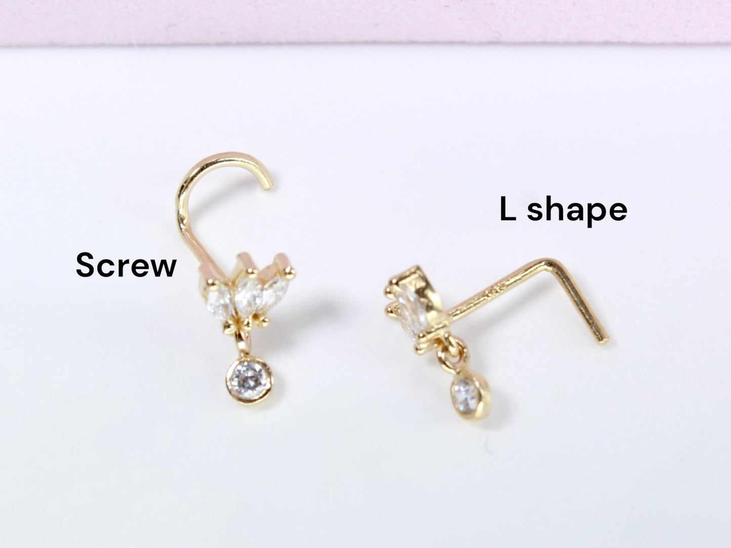 14K Gold Petal Nose Stud, 20g Dainty Dangling Star L Shape Corkscrew Nose Stud, Gold Nose Jewelry, L Bend Screw Nose Piercing Ring Jewelry