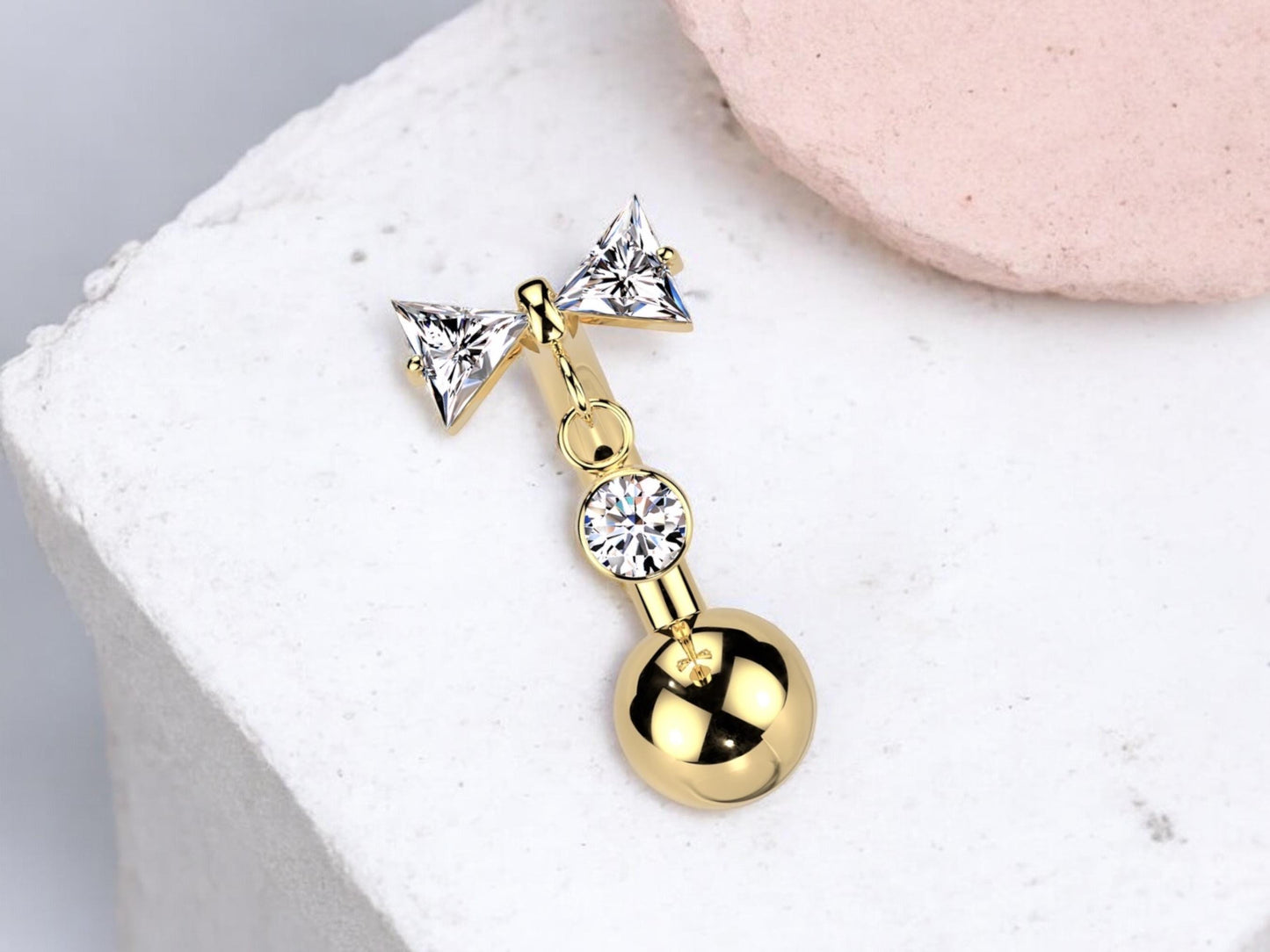 NEW Titanium Bow Dangling Stone Belly Button Ring, 14g Dainty Gold Crystal Push In Belly Piercing Jewelry, Threadless Navel Piercing