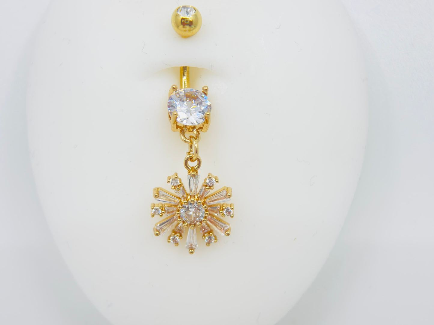 14G Gold Flower Dangling Belly Ring, Baguette Gem Floral Decor Charm Belly Button Ring Piercing Jewelry, Hypoallergenic Navel Piercing,