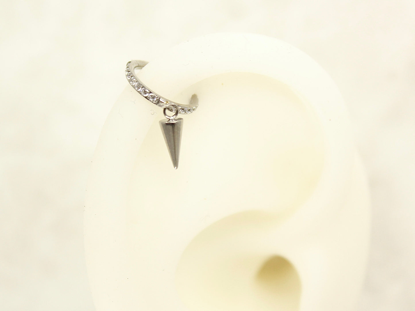 Silver Spike Dangle Hoop Ring, CZ Conch Hoop Clicker Ring, Conch Piercing Hoop Ring, Titanium Septum Daith Cartilage Piercing Earring