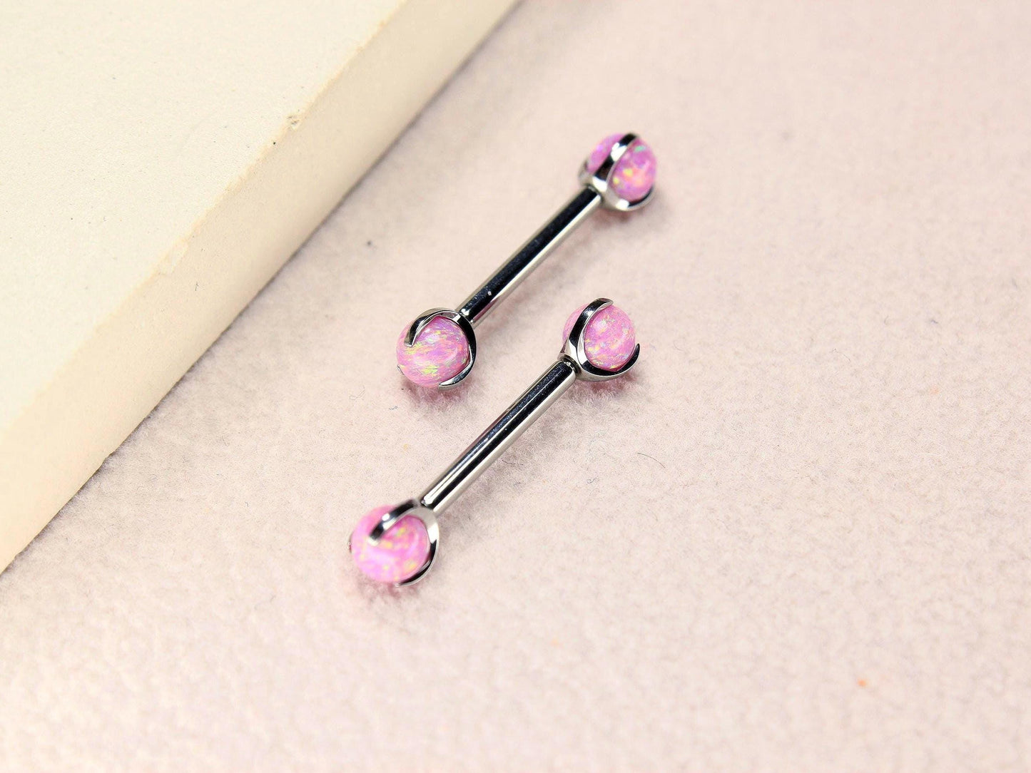 14G Titanium Nipple Barbell, Pink Opal Ball End Nipple Ring Piercing, Pair of Nipple Sheild Body Jewelry, Minimalist Nipple Piercing Jewelry