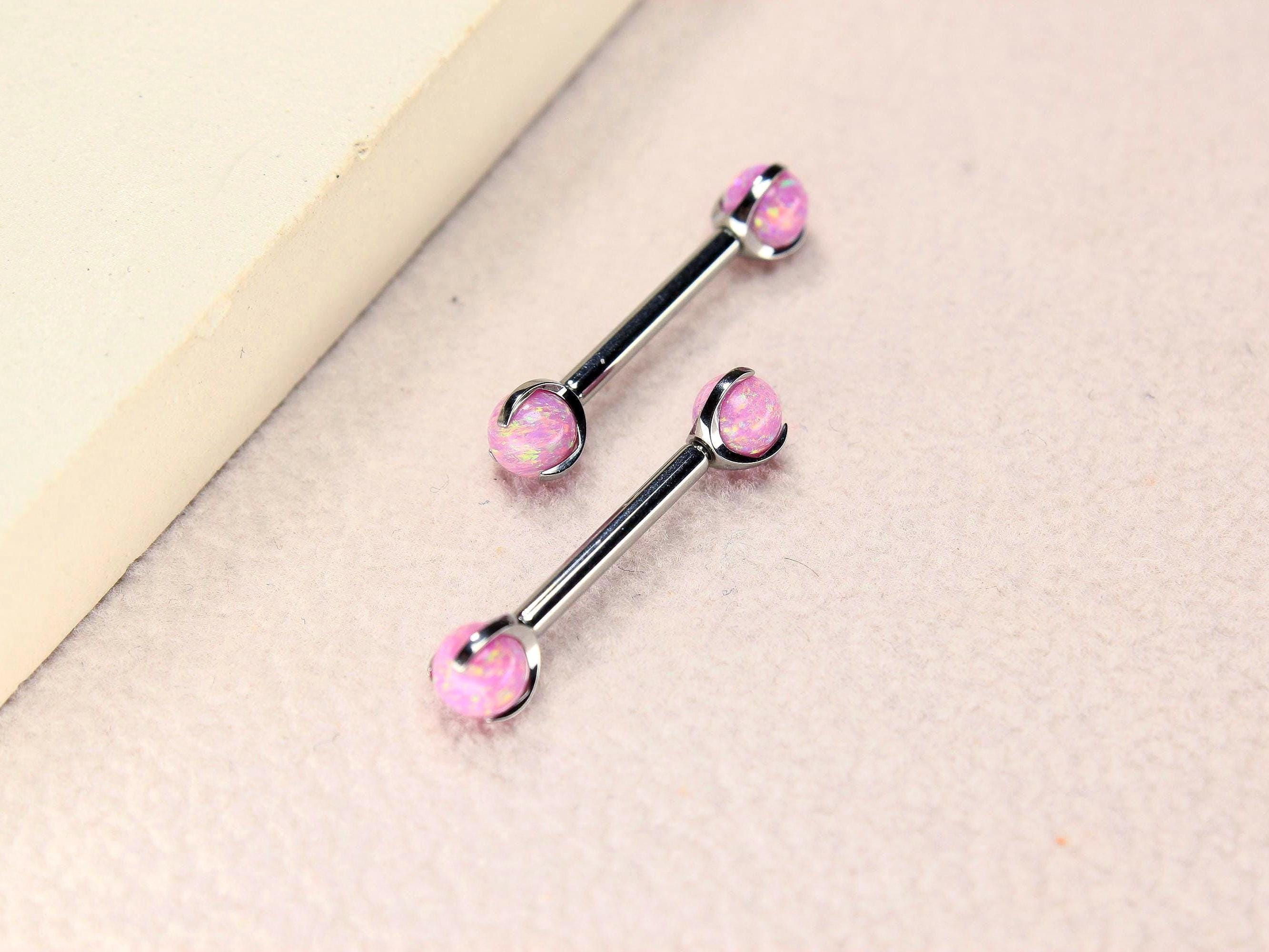 14G Titanium Nipple Barbell, Pink Opal Ball End Nipple Ring Piercing, Pair of Nipple Sheild Body Jewelry, Minimalist Nipple Piercing Jewelry