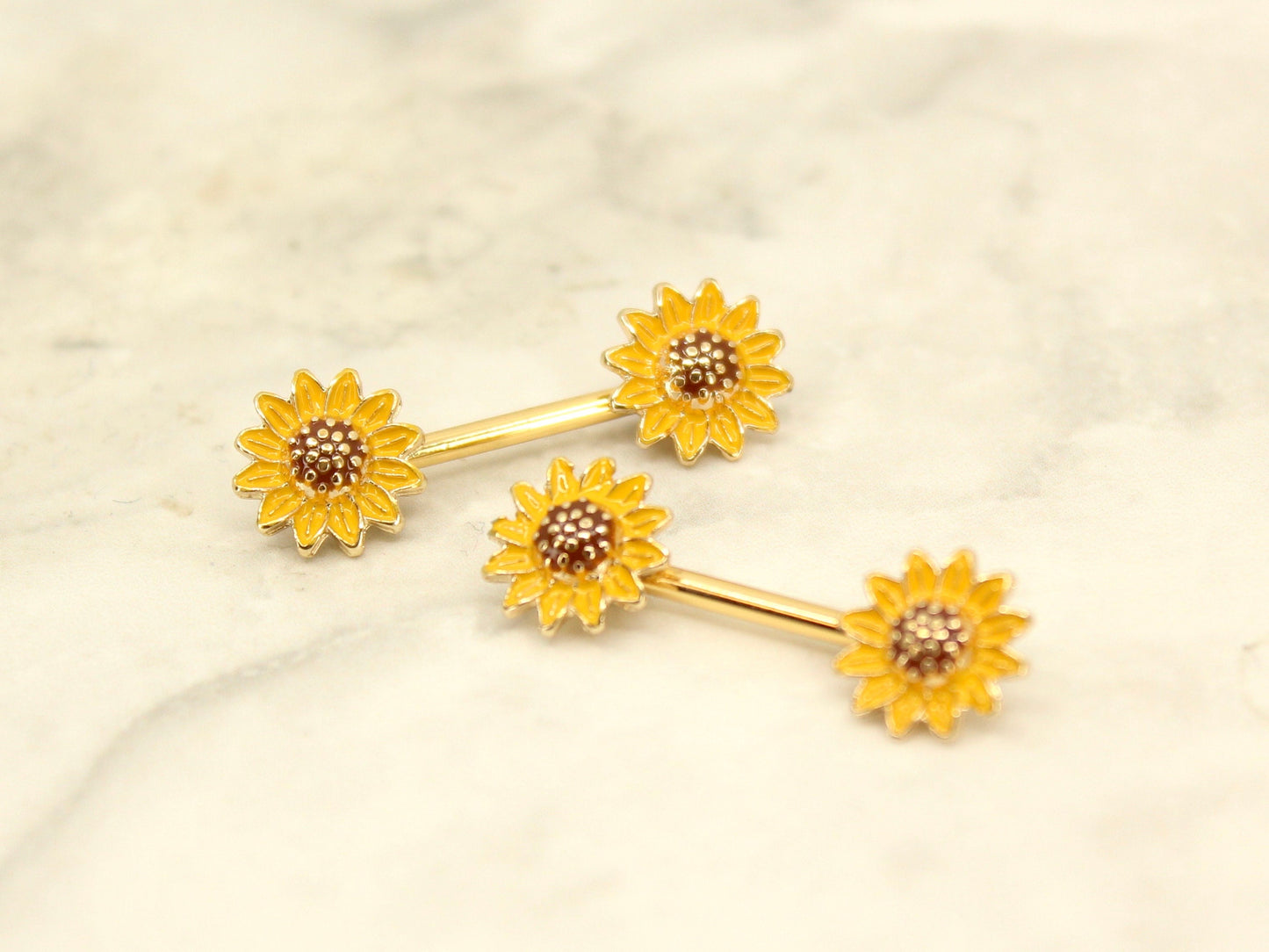 Sunflower Nipple Barbell, 14g Sunflower Nipple Ring Piercing.  Set of 2 Floral Nipple Piercing Jewelry, Body Piercing Nipple Jewelry