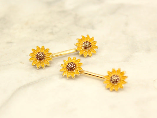 Sunflower Nipple Barbell, 14g Sunflower Nipple Ring Piercing.  Set of 2 Floral Nipple Piercing Jewelry, Body Piercing Nipple Jewelry