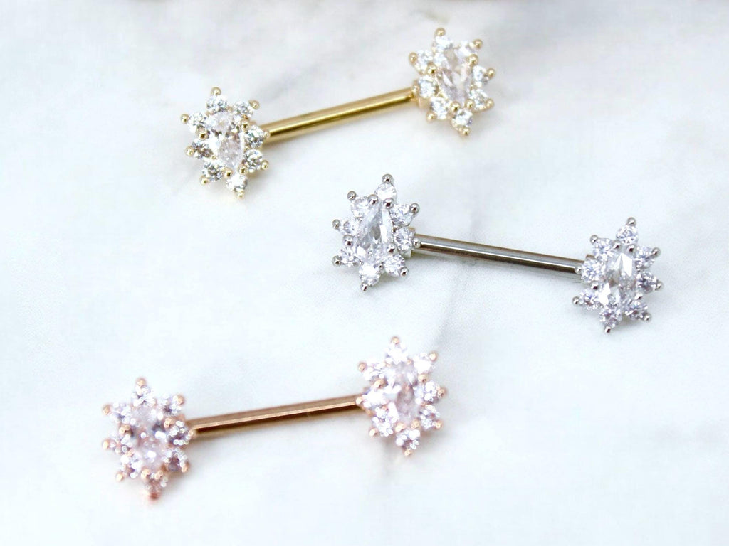 Oval Gem Nipple Ring, Floral Sparkle Gem Nipple Piercing Jewelry Cluster Decor Lightweight Nipple Barbell Ring Body Piercing Jewelry