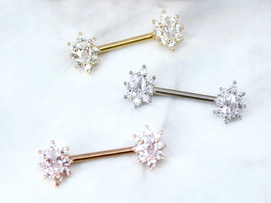 Oval Gem Nipple Ring, Floral Sparkle Gem Nipple Piercing Jewelry Cluster Decor Lightweight Nipple Barbell Ring Body Piercing Jewelry