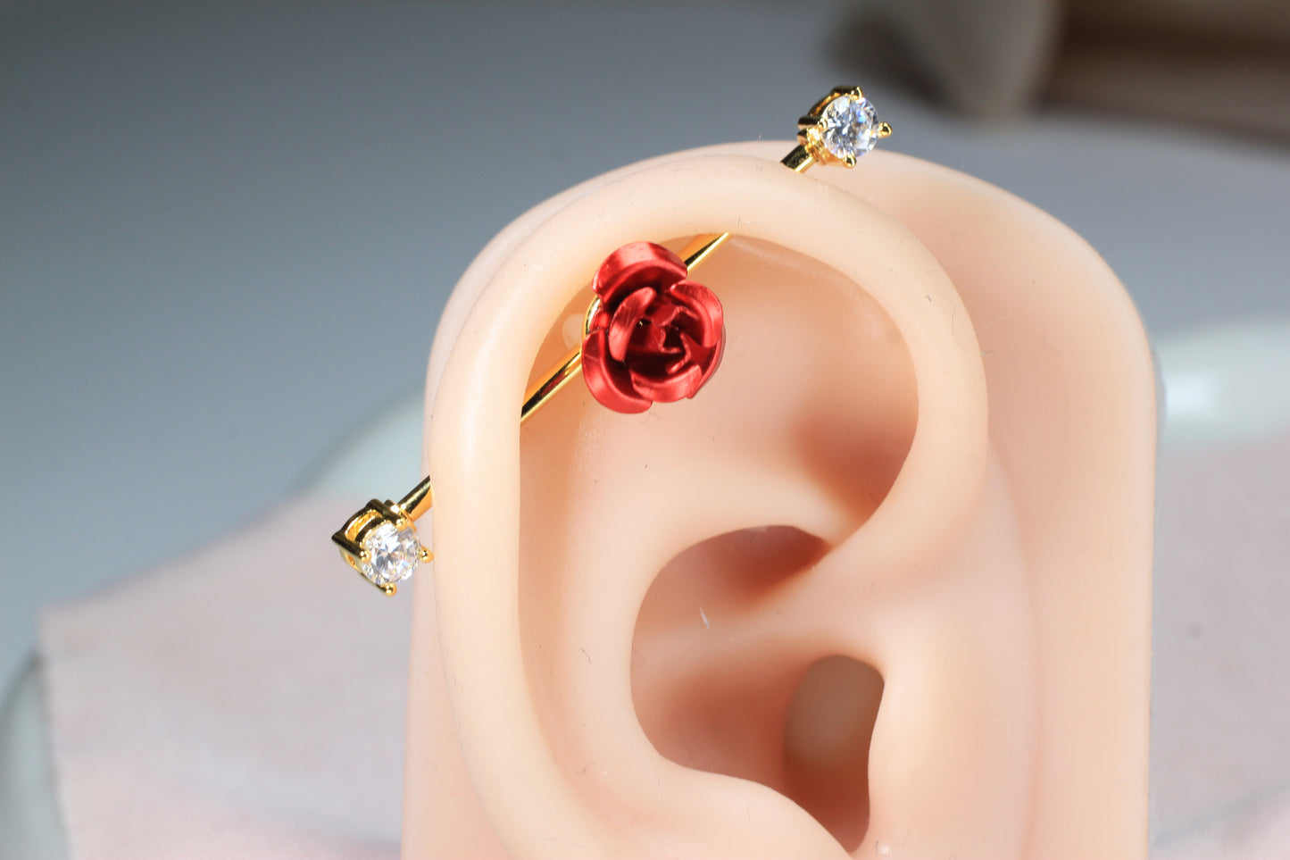 14G Red Rose Floral Industrial Barbell – Dainty Flower Industrial Piercing, 35mm Cartilage Scaffold Barbell Body Jewelry