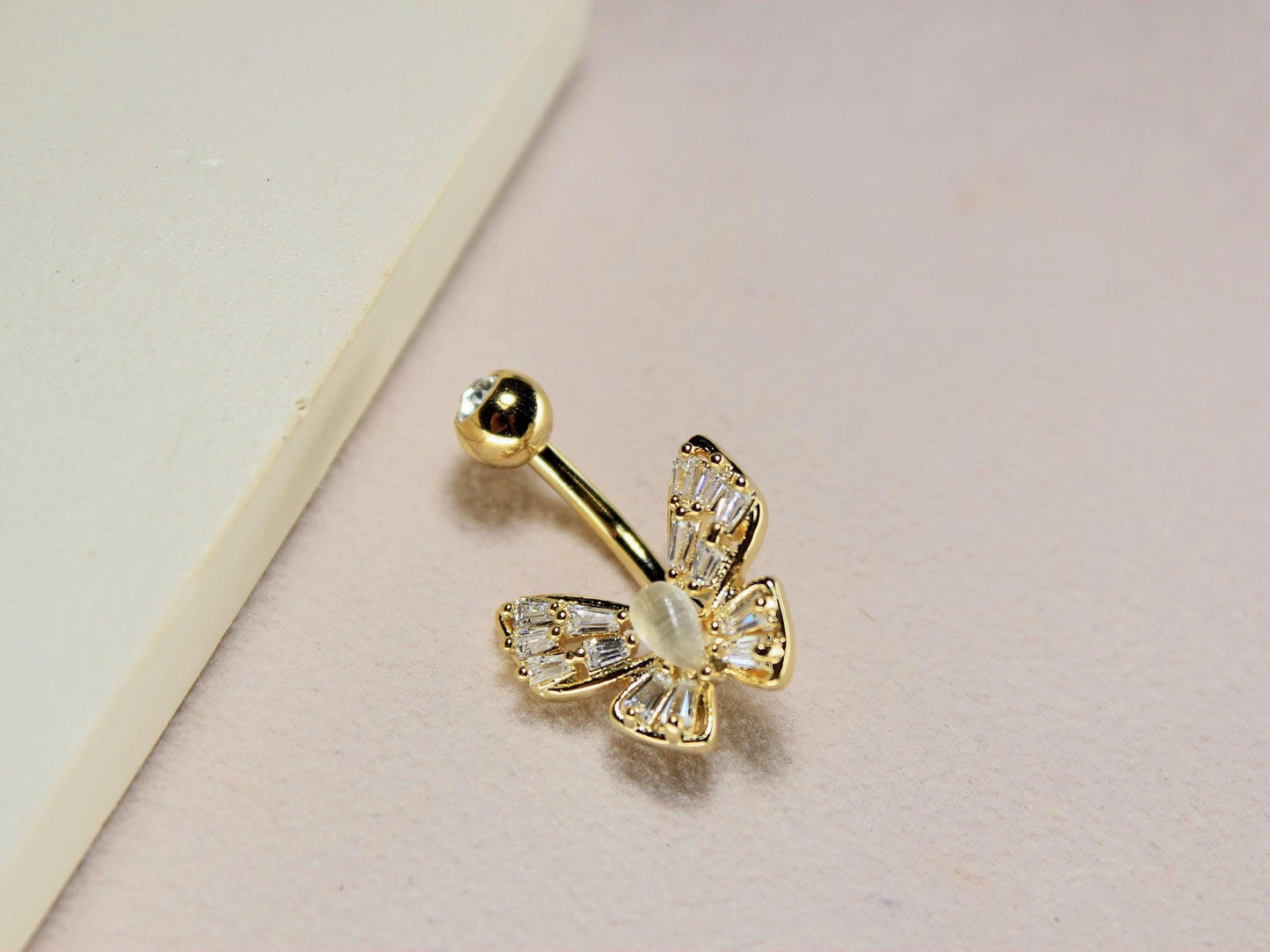 Gold Butterfly Belly Ring, 14G Dainty Belly Piercing, Baguette Gem Decor Navel Body Jewelry, Floating Belly Ring
