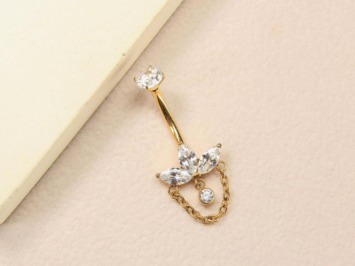 14g Titanium Belly Button Ring, Gold Dangling Chain Belly Ring, Petal Marquise Gem Charm Belly Piercing Jewelry, Gold Navel Body Jewelry