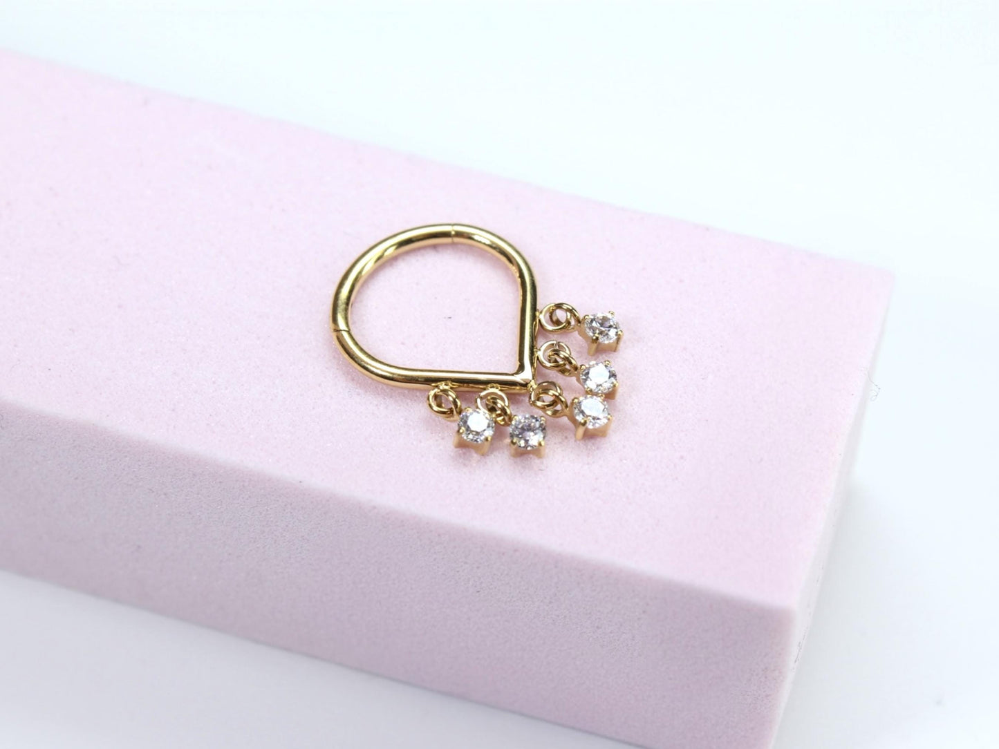 Titanium Septum Clicker Ring, 16g Gold Dangling Sparkle Gems Septum Hinged Clicker Hoop Ring, Dainty V Shape Septum Piercing, Nose Jewelry