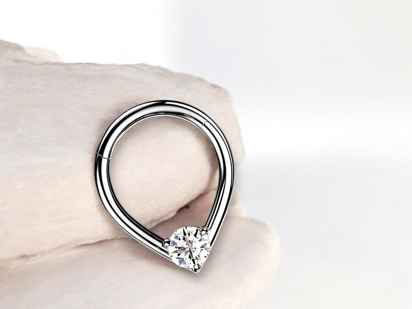16g Silver Septum Clicker Ring, Teardrop Front CZ Hinged Segment Hoop Ring, Dainty Septum Hoop Jewelry, Nose Piercing, Body Jewelry.