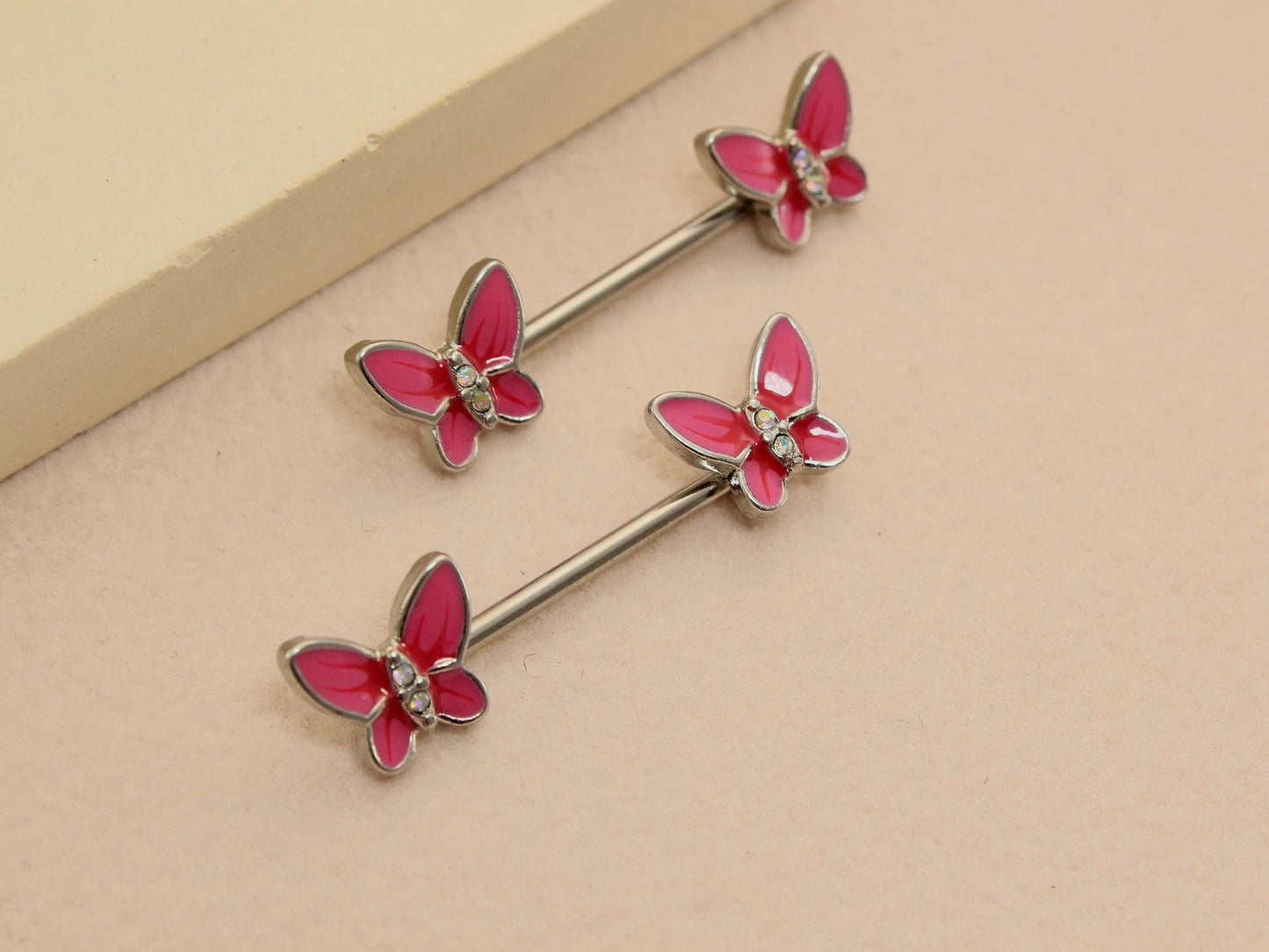 Butterfly Nipple Barbell Piercing, 14G Pink Butterfly CZ Stud Nipple Ring Jewelry, Pair of Butterfly End Screw Enamel Nipple Body Jewelry