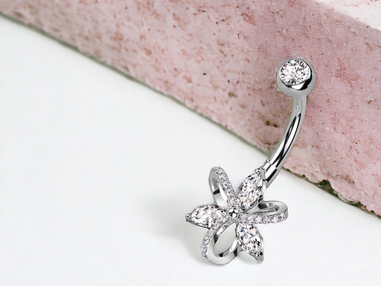 14G Silver Marquise Petals Belly Button Ring Beautiful Floral Decor Non Dangle Belly Button Ring Piercing Jewelry
