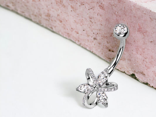 14G Silver Marquise Petals Belly Button Ring Beautiful Floral Decor Non Dangle Belly Button Ring Piercing Jewelry