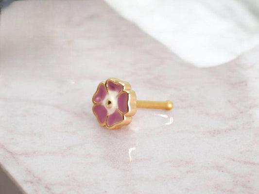 Floral Nose Stud, Dainty Pink Flower Decor Top Nose Piercing Stud, Nose Bone Stud, 20g Thin Nose Ring, Ball End Nose Piercing Jewelry.