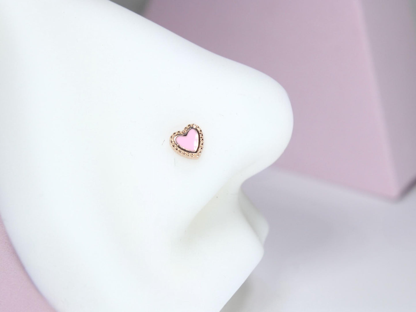 20g Heart Nose Stud, Pink Heart Nose Bone Stud, Ball End Nose Piercing Stud, Thin Nose Stud, Gold Nose Ring, Hypoallergenic Jewelry