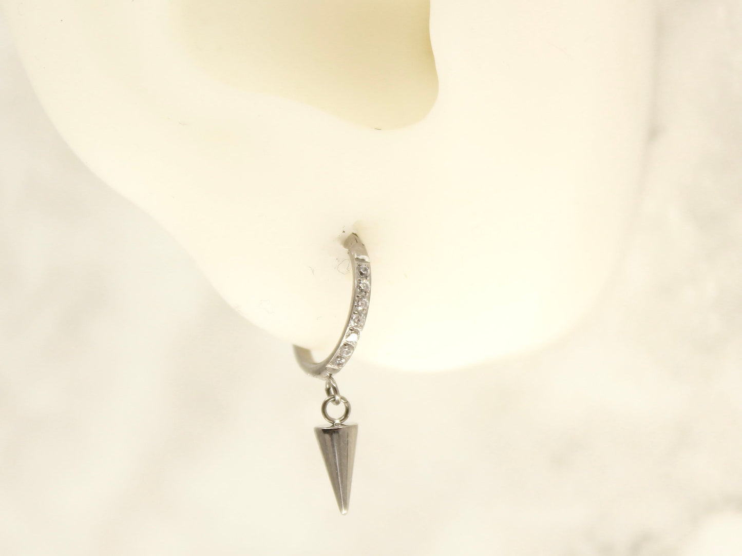 Silver Spike Dangle Hoop Ring, CZ Conch Hoop Clicker Ring, Conch Piercing Hoop Ring, Titanium Septum Daith Cartilage Piercing Earring