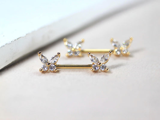 Gold Butterfly Nipple Ring, Marquise Gem Butterfly Nipple Piercing Barbell, 14g Gold Nipple Ring, Surgical Steel Body Jewelry