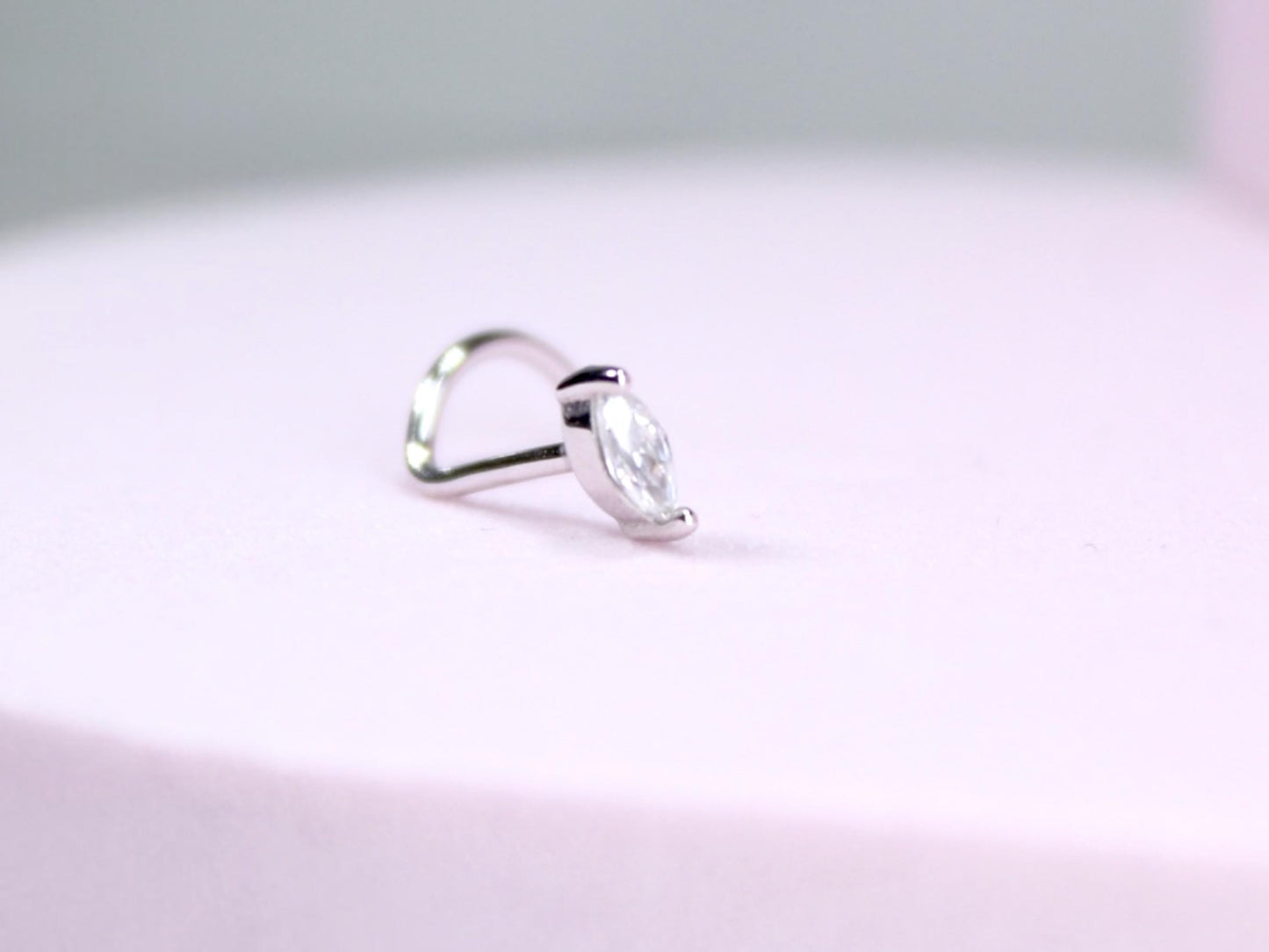 14K Gold Marquise Nose Stud, 20g Dainty Crystal Gold Nose Screw Jewelry, Minimalist Corkscrew Nose Piercing Jewelry, Gold Jewelry