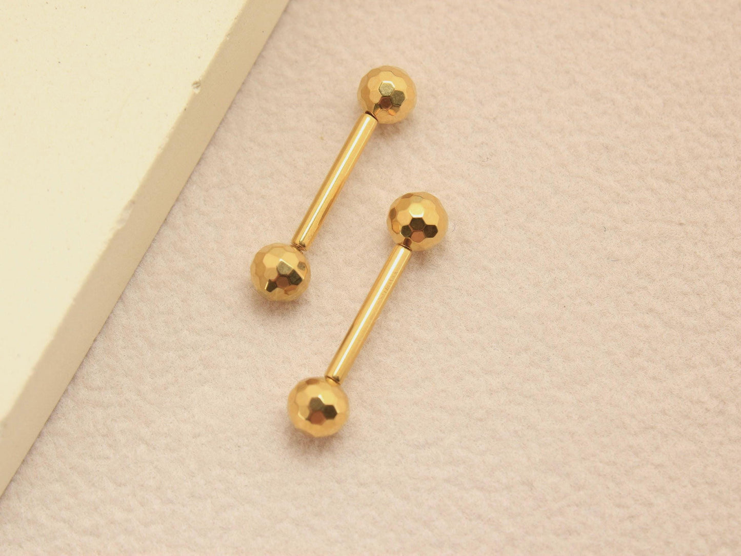 Implant Grade Titanium Gold Disco Ball Nipple Barbell, Pair of Threadless Push In Nipple Ring Jewelry
