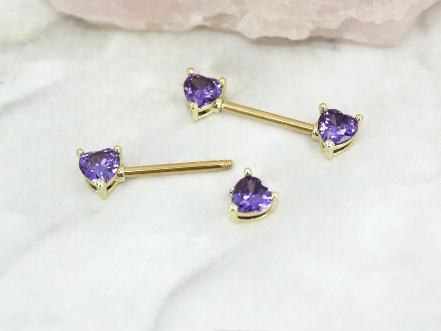 14G Purple Heart Nipple Barbell, Gold Purple heart shape Nipple piercing jewelry, Body Piercing Jewelry,