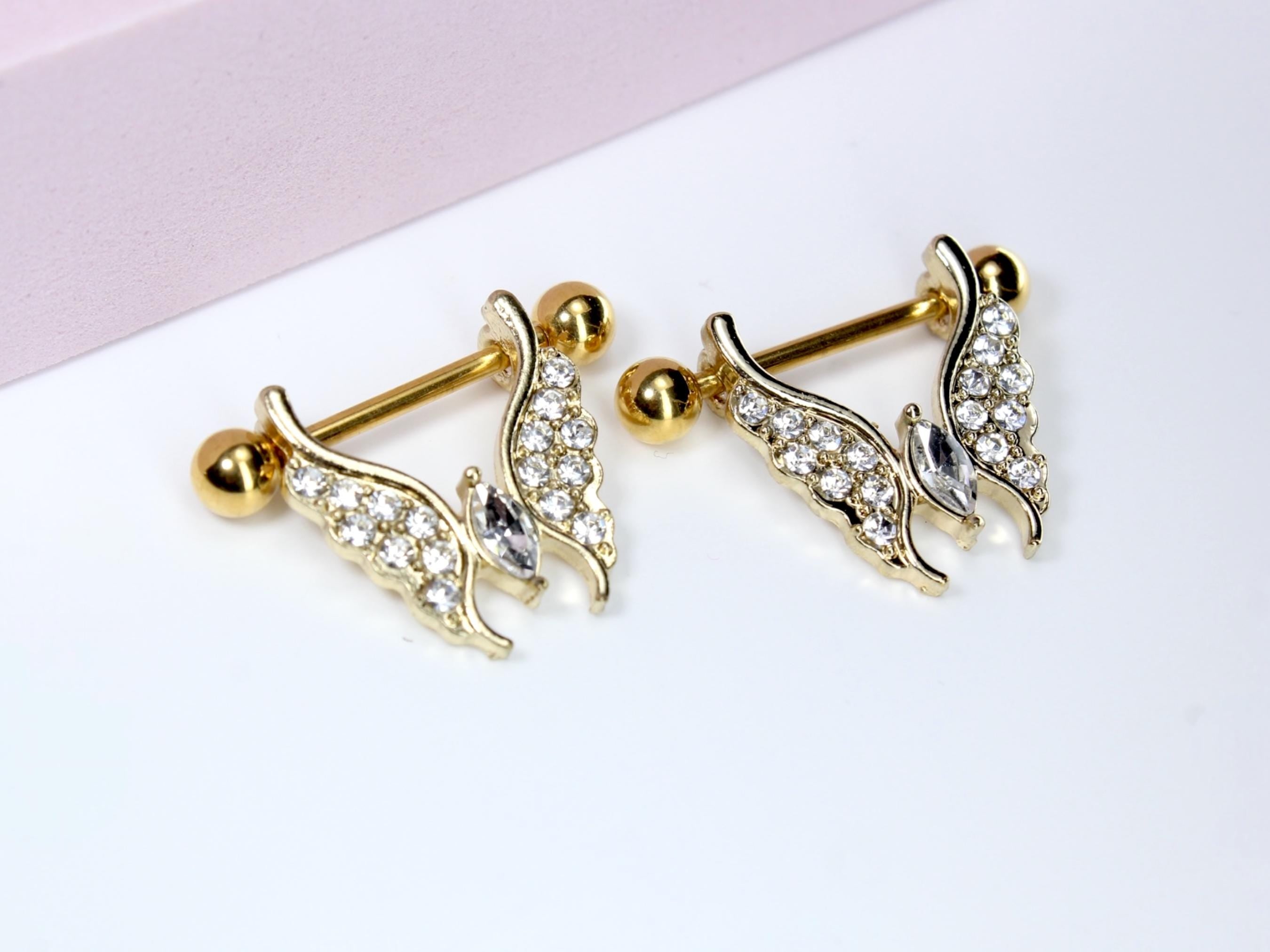 Gold Butterfly Nipple Ring, 14G Sparkling Butterfly Decor Nipple Piercing Jewelry, Set of 2 Gold Butterfly Nipple Ring Piercing Jewelry