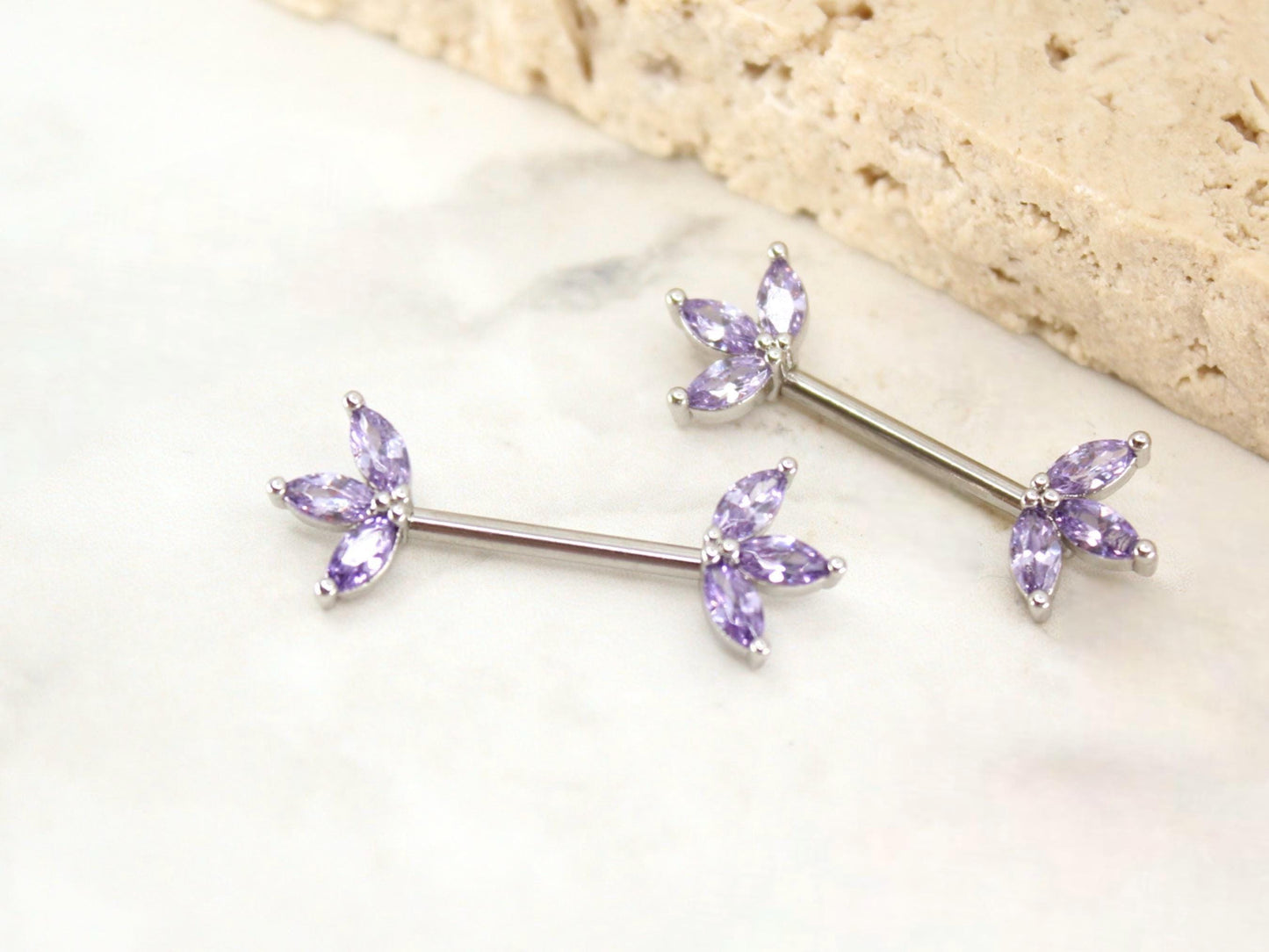 14G Purple Lotus Leaf Nipple Barbell,  Floral Petals Marquise Gem Silver Nipple Piercing Ring, Body Piercing Jewelry.