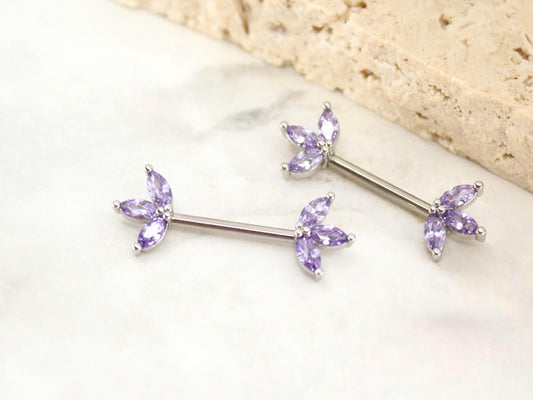 14G Purple Lotus Leaf Nipple Barbell,  Floral Petals Marquise Gem Silver Nipple Piercing Ring, Body Piercing Jewelry.