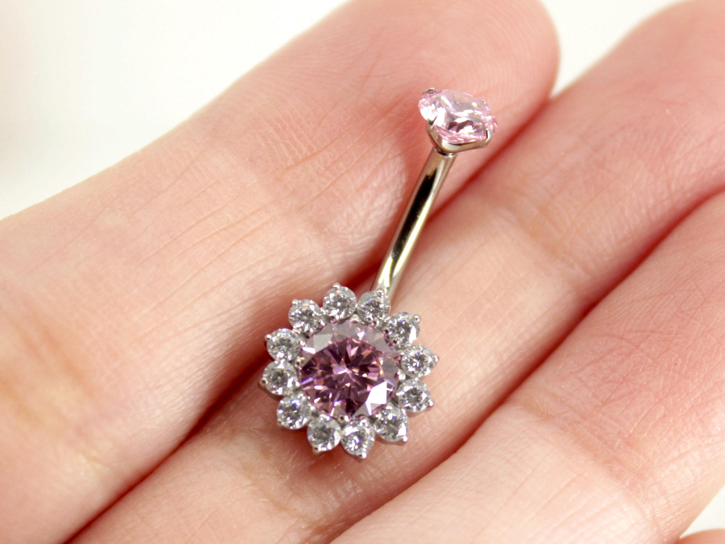 14G Titanium Pink Floral Belly Button Ring – Sparkle Gem Navel Piercing