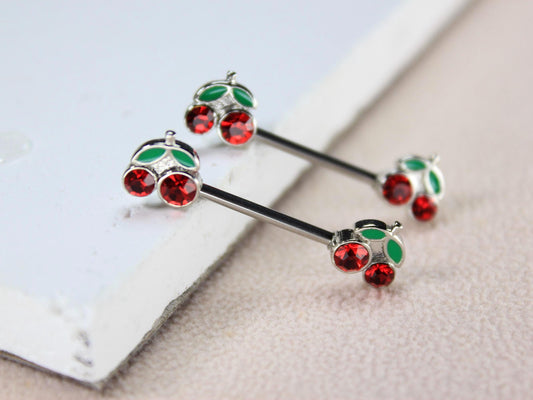 14g Cherry Nipple Barbell, Internally Threaded Red Cherry End Nipple Ring Piercing, Surgical Steel Body Jewelry.
