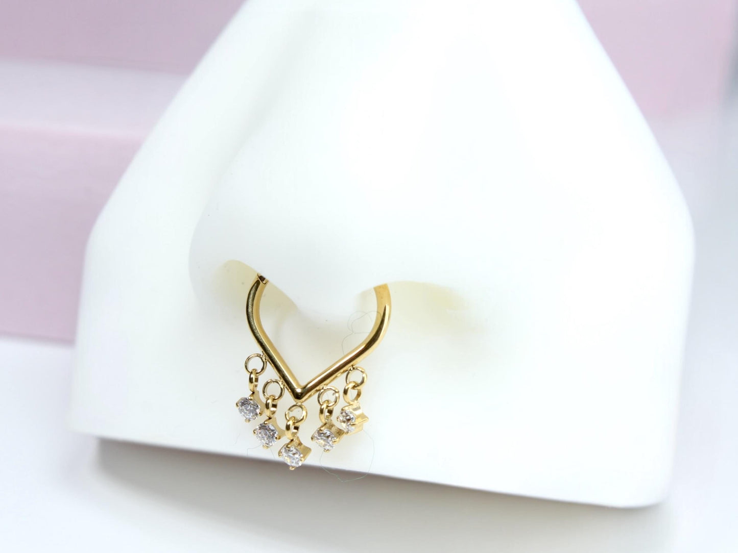 Titanium Septum Clicker Ring, 16g Gold Dangling Sparkle Gems Septum Hinged Clicker Hoop Ring, Dainty V Shape Septum Piercing, Nose Jewelry