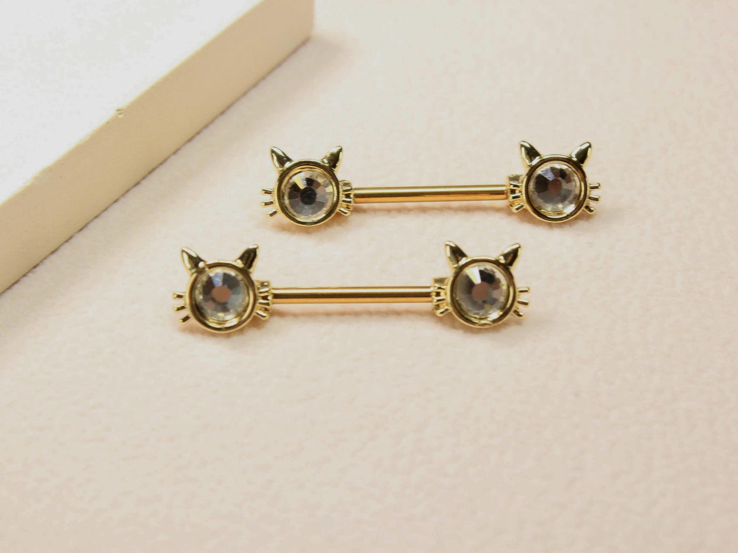 Gold Cat Nipple Barbell, 14G Kitty Face Nipple Piercing Ring, Pair of 2 Kitten Nipple Jewelry, Cat Jewelry, Body Piercing Jewelry