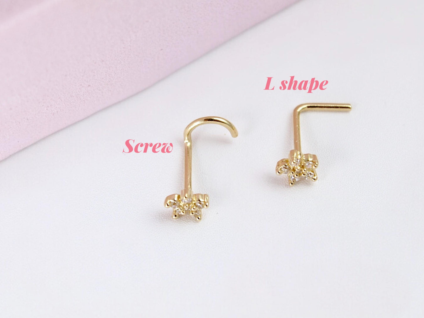 14k Gold Nose Ring, Solid Gold L Shape Corkscrew Nose Stud Jewelry, 20g Dainty Gold Flower Nose Ring, Nose Piercing Jewelry, Gold Nose Ring