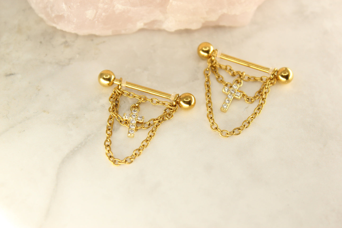 NEW • Gold Dangle Chain Nipple Ring, Cz Cross Dangle Chain Decor Nipple Piercing Barbell, 14g Gold Nipple Ring Body Jewelry