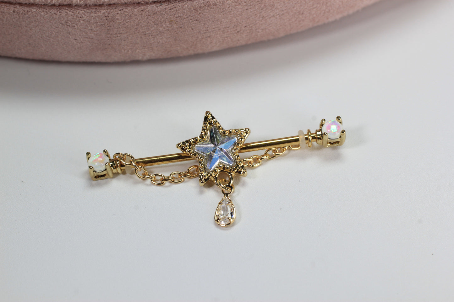 14G Gold Star Industrial Barbell with Chain, Dainty Dangling Star Industrial Piercing, 35mm Cartilage Scaffold Barbell Jewelry