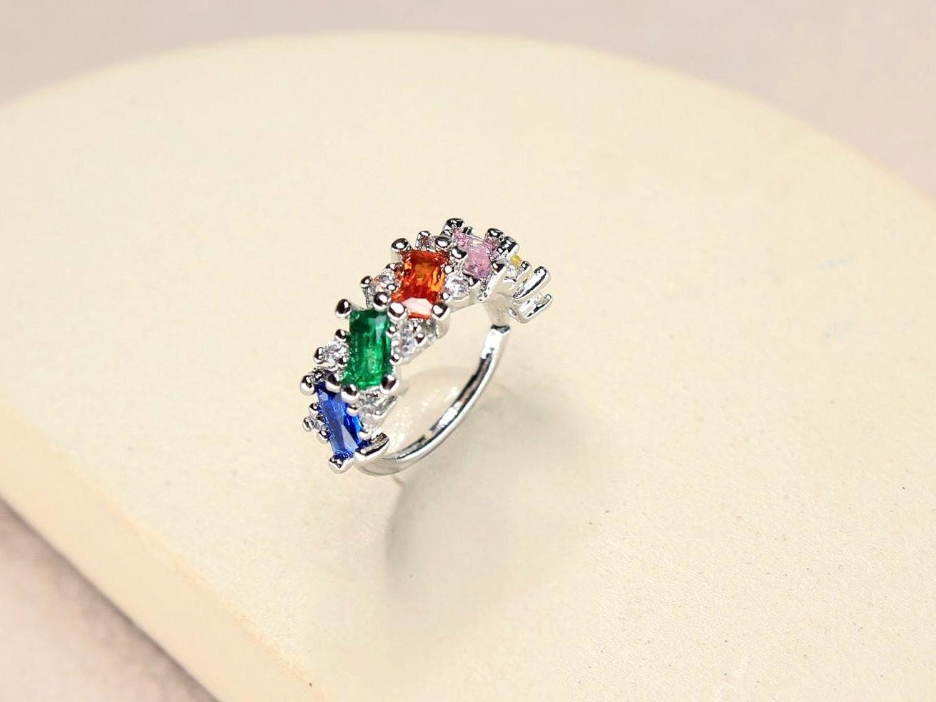 20g Nose Hoop Ring, Silver Baguette Gem Bendable Nose Ring, Multicolor Nose Piercing Jewelry, Body Jewelry